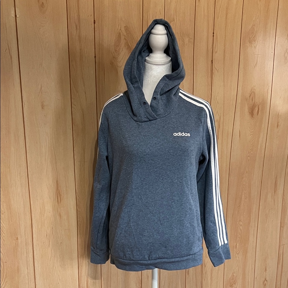 Adidas Women’s grey- Blue Hoodie with White stripes and logo‎ Size Medium